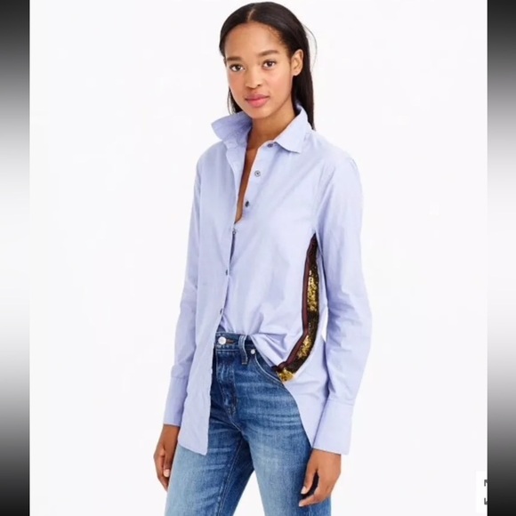J. Crew Periwinkle Blue Button-Up Shirt with Gold Sequin Stripe Accents Size 6 S - Picture 1 of 13